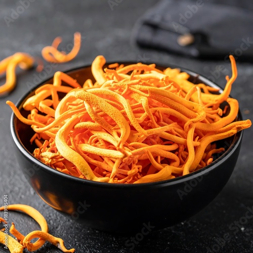 Bright orange cordyceps in a black bowl sit against a textured dark surface, some scattered around