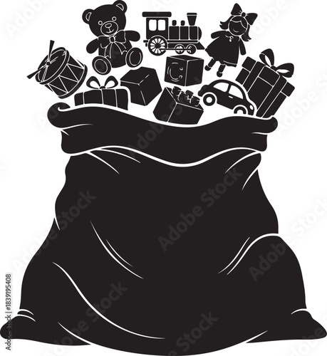 Black sack overflowing with toys and gifts presents