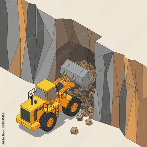 Yellow Front Loader Excavator Moving Rocks in a Quarry.