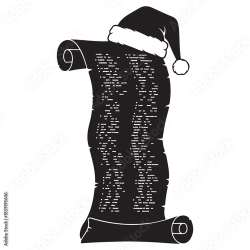 Black santa hat on a scroll with white details christmas