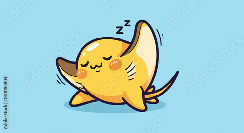 Cute cartoon stingray sleeping peacefully with closed eyes on blue background.