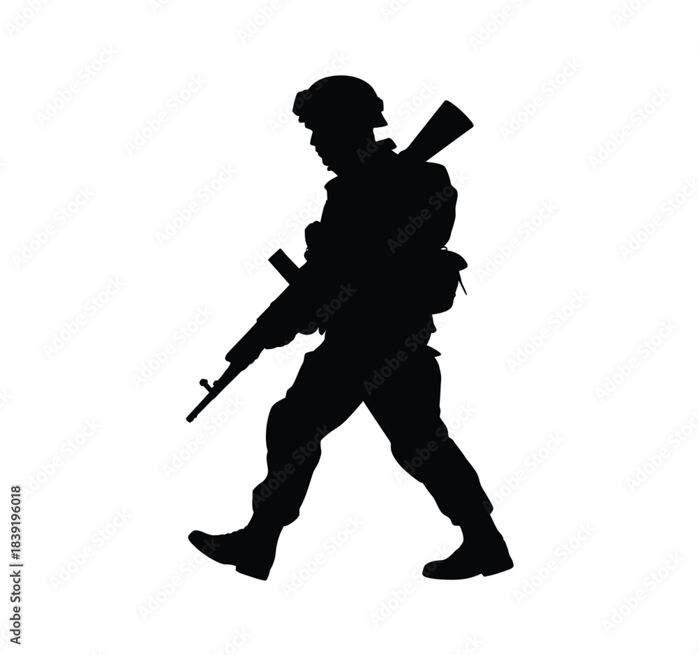 Obraz premium A black silhouette illustration depicting a soldier marching with a rifle and backpack