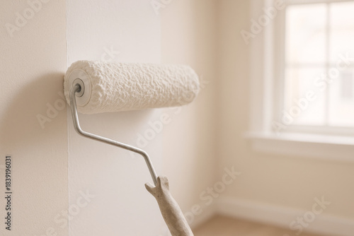 Paint roller applying fresh white paint on wall