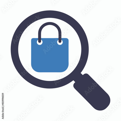 A magnified blue shopping bag with handles reveals online purchasing options and opportunities