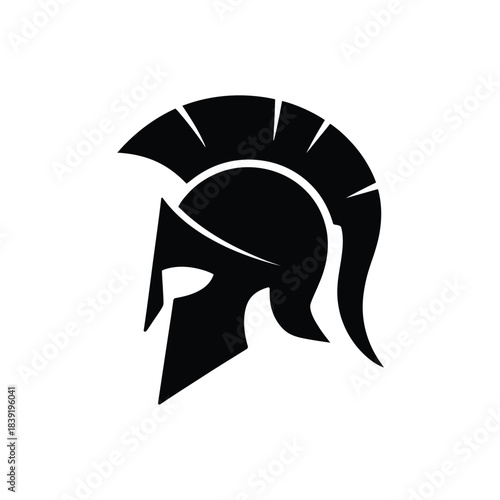 A simple black silhouette of an ancient spartan warrior's helmet against a white background.