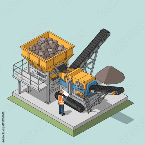 Industrial rock crushing machine with worker operating heavy equipment.