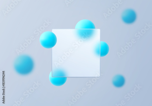 Frosted glass square panel with bright cyan spheres on a soft light background, minimal and modern composition.