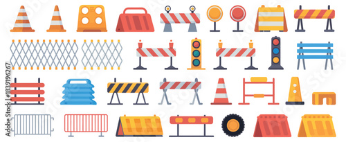 Road Barriers and Traffic Signs for Safety and Construction Vector