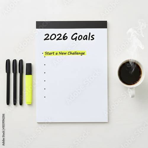 2026 Goals: Notepad with Highlighted Goal and Office Supplies