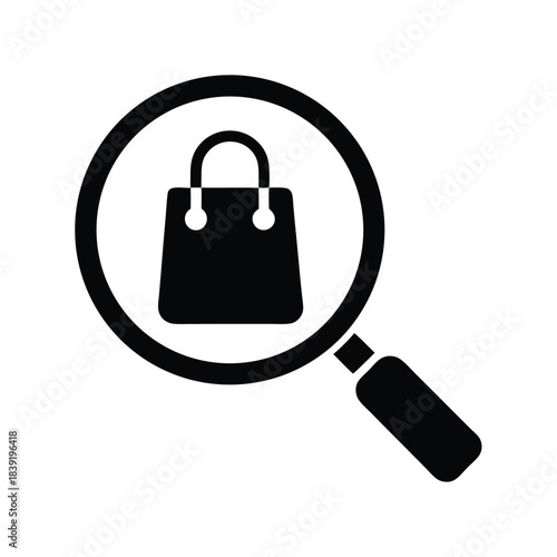 A shopping bag is viewed closely through a black magnifying glass on white
