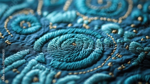 Teal embroidery pattern on handmade fabric