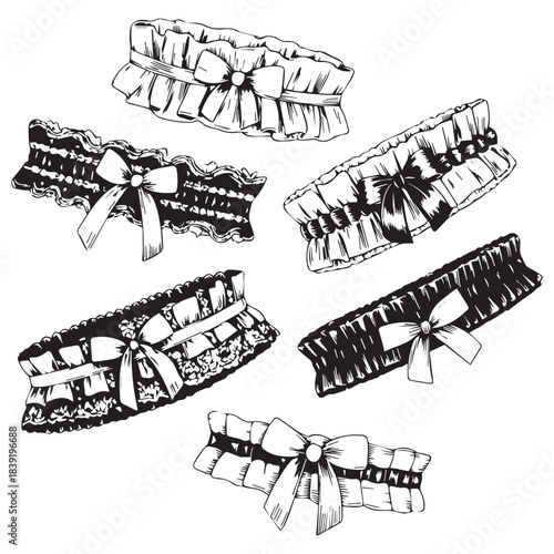 Collection of Hand-Drawn Ruffled Garters with Bows