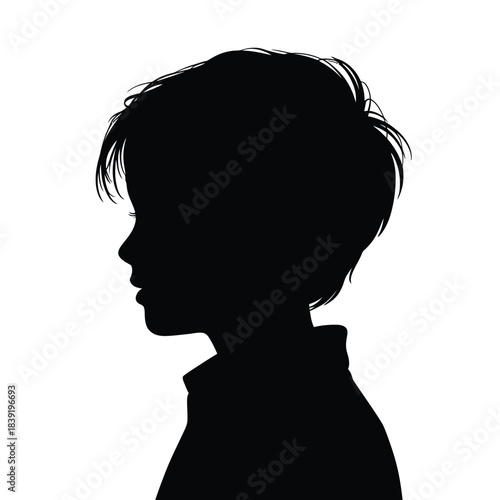 A profile silhouette illustration of a child with short hair, captured against a stark white background