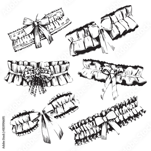Collection of Hand-Drawn Ruffled Garters with Bows