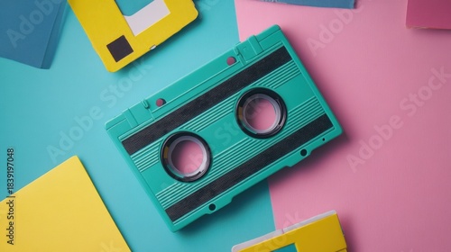 Teal retro cassette tapes on colorful background