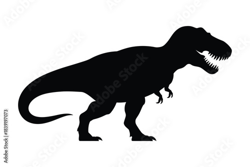 A side view black silhouette of a roaring tyrannosaurus rex on a plain white background