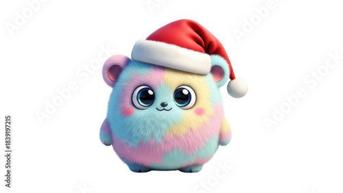 Cute Fluffy Multicolored Creature Wearing Santa Hat isolated PNG with Transparent Background