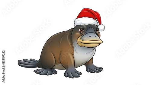 Cute Cartoon Platypus Character Wearing Red Santa Hat isolated PNG with Transparent Background
