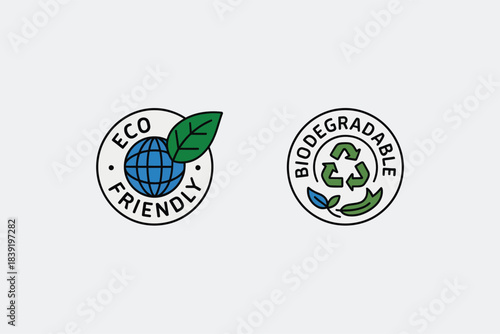 Eco friendly and biodegradable icons in simple flat design with green and blue colors on white background for environmental branding