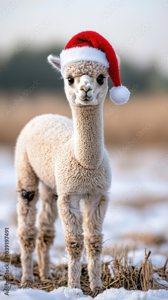 Obraz premium Christmas alpaca wearing red Santa hat stands on snowy field with joyful expression, festive winter animal holiday scene