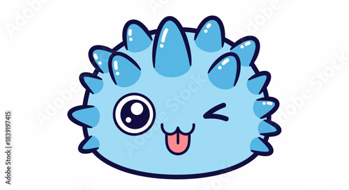 Cute cartoon character of a blue spiky sea creature winking and sticking its tongue out.