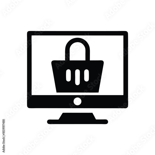 Black computer monitor displays a simple shopping basket icon clearly on the screen