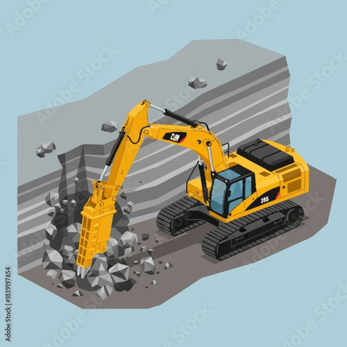 Yellow excavator with hydraulic breaker attachment demolishing rock.