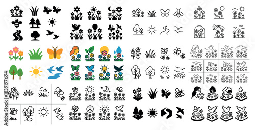 Nature icons: trees, flowers, birds, butterflies