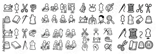 Sewing and tailoring icons: tools and activities
