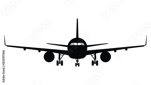 A striking black silhouette of a commercial airplane viewed from the front with landing gear extended