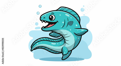 Cartoon illustration of a friendly aquatic dinosaur creature smiling happily underwater.
