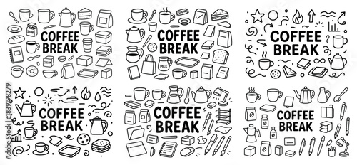 Coffee break doodle set with cups and snack icons