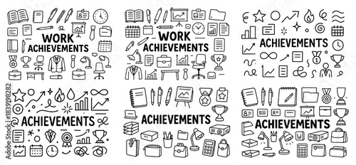 Office achievement doodle set with icons