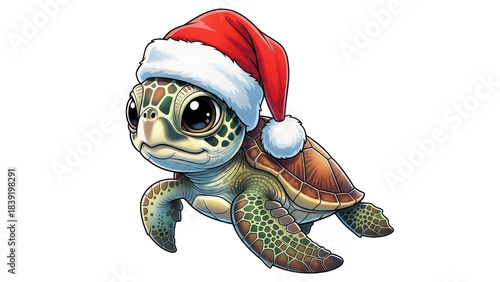 Cute Cartoon Baby Sea Turtle Wearing Santa Hat, Christmas Illustration isolated PNG with Transparent Background