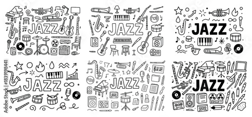 Jazz music doodles collection in black and white