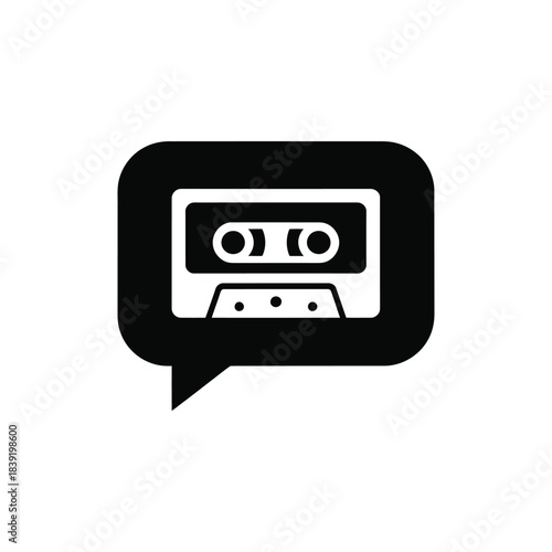 A black and white icon depicting a retro audio cassette tape within a communication speech bubble