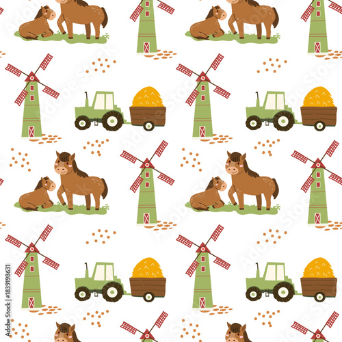 Cartoon pattern with cute mom horse and baby animal with tractor and mill. Kids seamless pattern with farm elements for nursery designs.