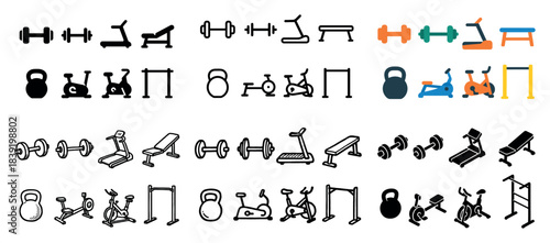 Variety of gym equipment icons set