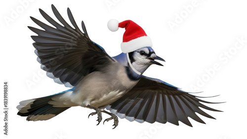 Isolated Flying Blue Jay Bird Wearing Red Santa Hat for Christmas Holiday Design isolated PNG with Transparent Background