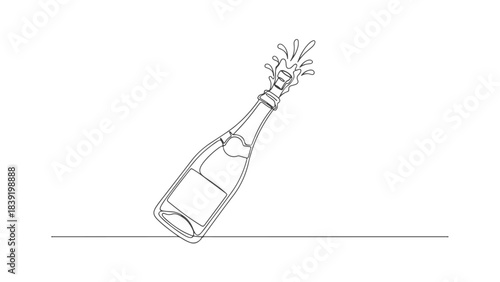 A minimalist line drawing of a champagne bottle with cork popping and liquid splashing out.