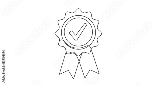 A simple line drawing of a circular badge with a checkmark inside and ribbons hanging below.