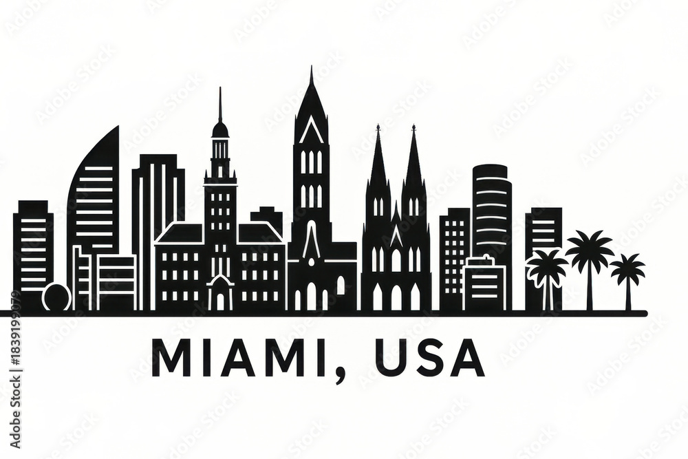 Naklejka premium Miami. USA Panorama.black and white logo illustration