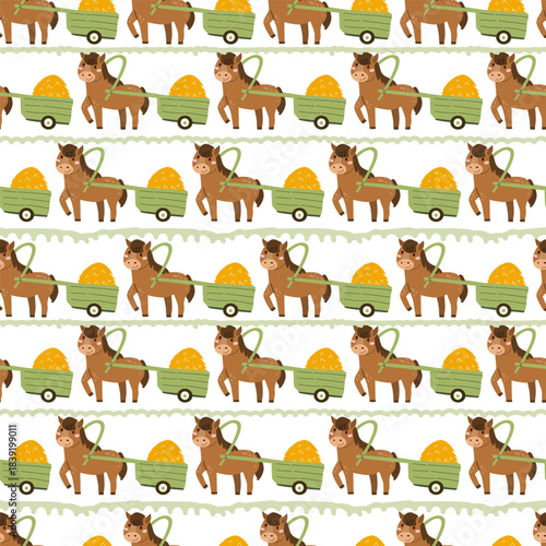 Cute horse with a cart of hay pattern for kitchen textile, kids prints and designs. Farm pattern in cartoon flat style. Hand drawn vector illustration on white background.