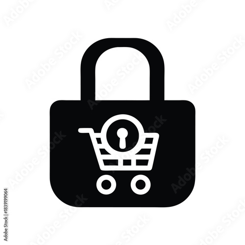 Black padlock displays a white shopping cart icon secured with a keyhole design