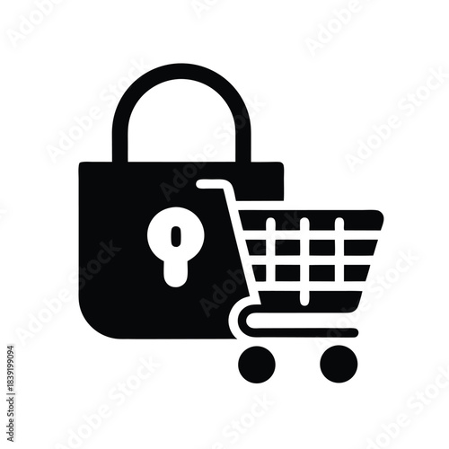 Black padlock and shopping cart suggest secure online purchasing and digital commerce security