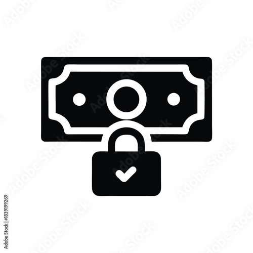 Black padlock lays securely atop a credit card in a protective mode, rendered in vector