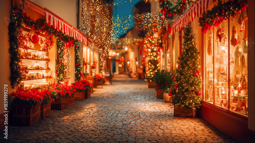 クリスマスのイルミネーションで彩られたヨーロッパ風の石畳の通りと華やかなショーウィンドウ