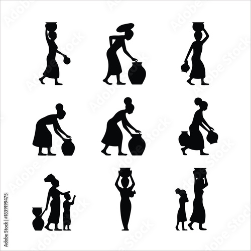 Set of nine black silhouettes women with water vessels