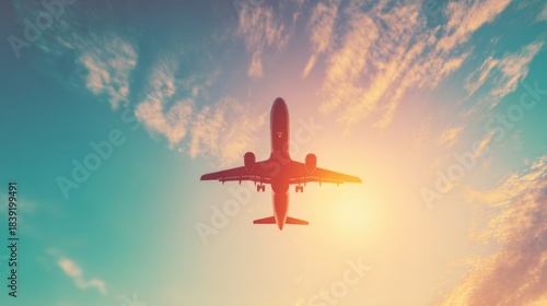 Airplane flies through colorful sky during sunset over cityscape