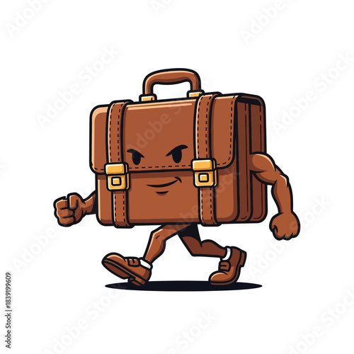 Cartoon brown leather briefcase mascot with muscular arms and legs walking confidently against a